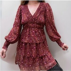 House of Harlow 1960 Floral Tiered Mini Dress, Long Sleeve, V Neck, Boho Size 12